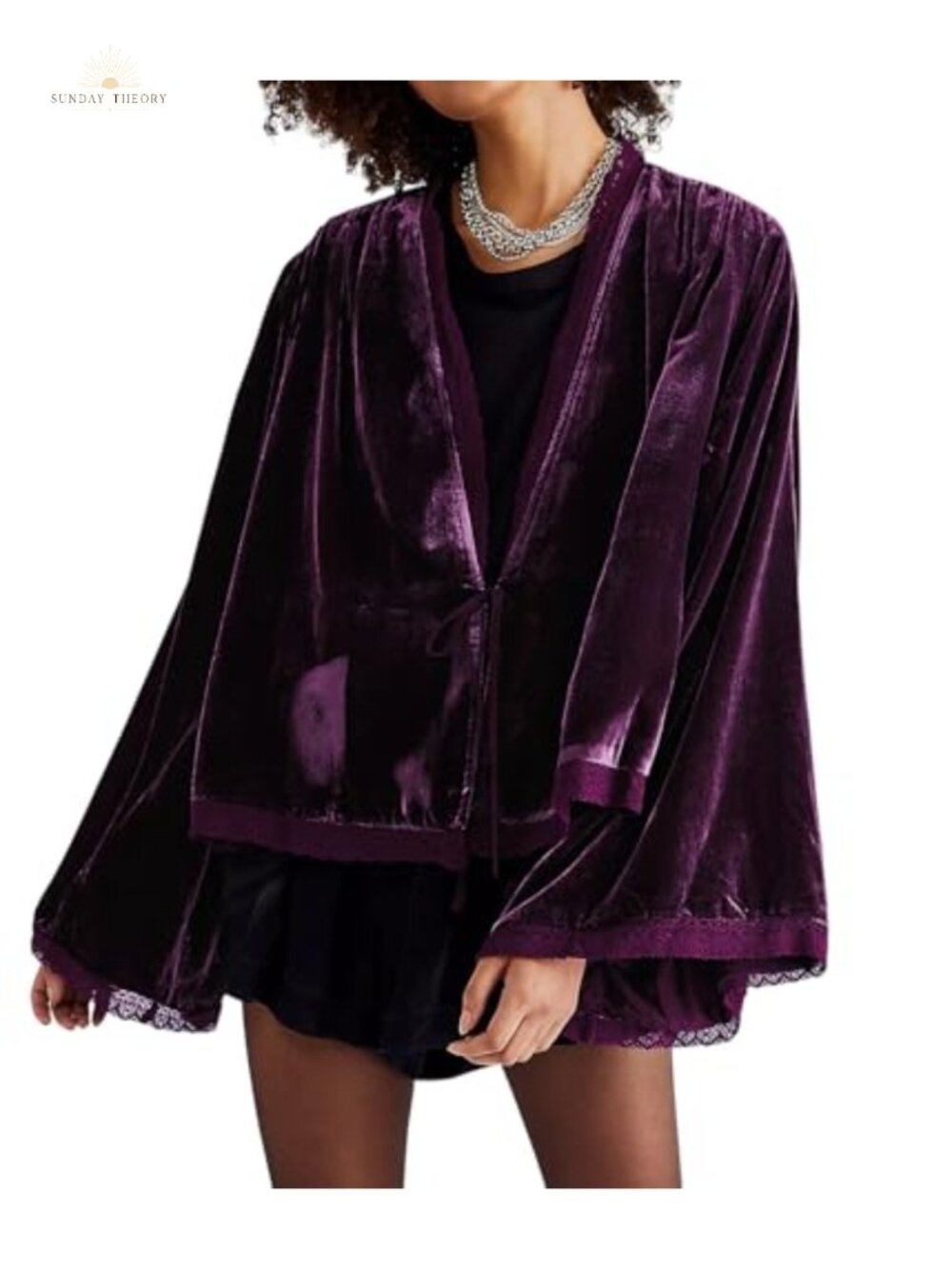 Velvet Kimono Cardigan Coat Lace Tie Front Loose Fit Women's